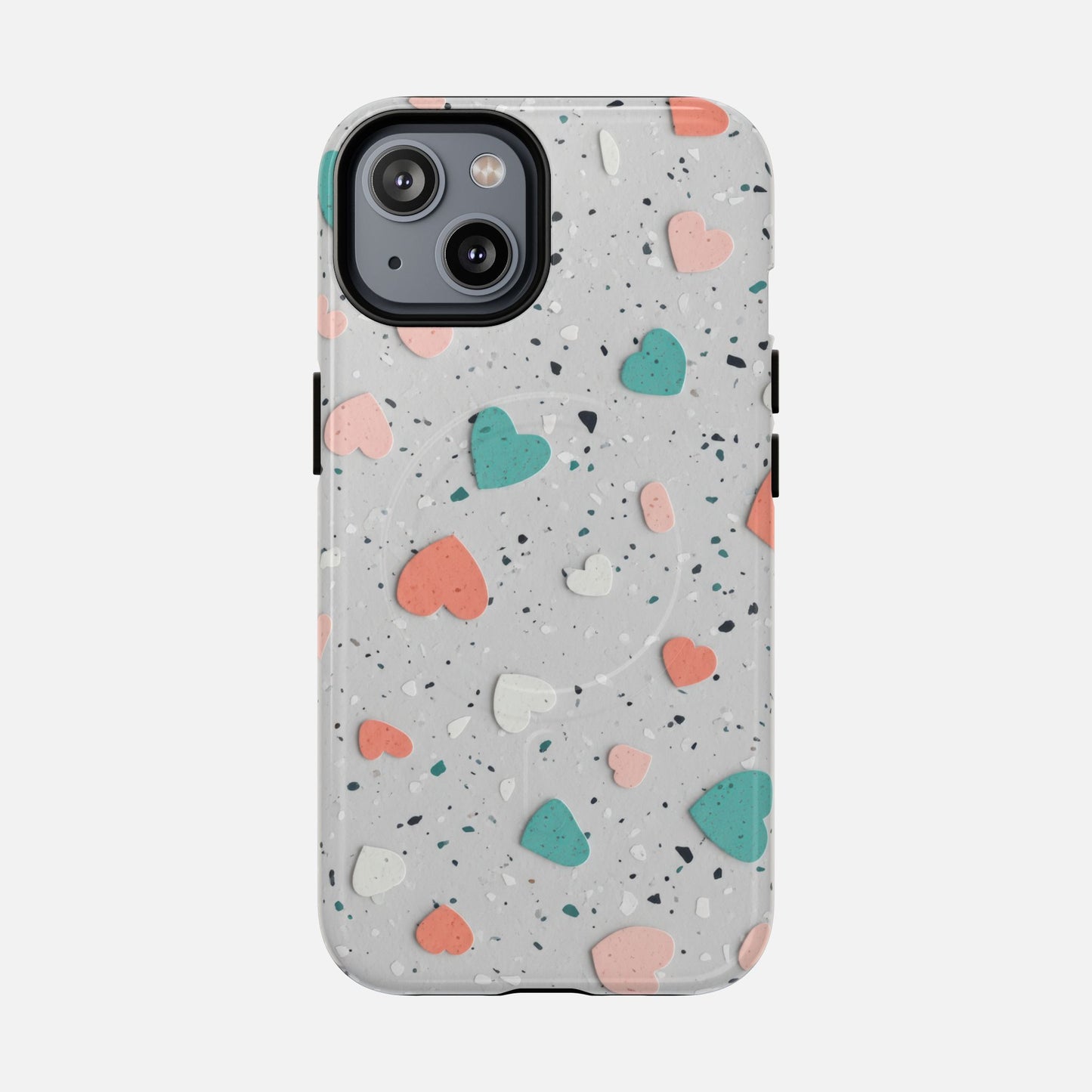 Heart Confetti Tough Magnetic Phone Case — Colorful Terrazzo Love Design iPhone 14 Glossy Phone Case