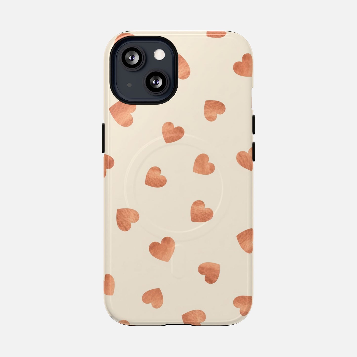 Heart Pattern Tough Magnetic Phone Case — Peach Watercolor Hearts, MagSafe Compatible iPhone 13 Glossy Phone Case
