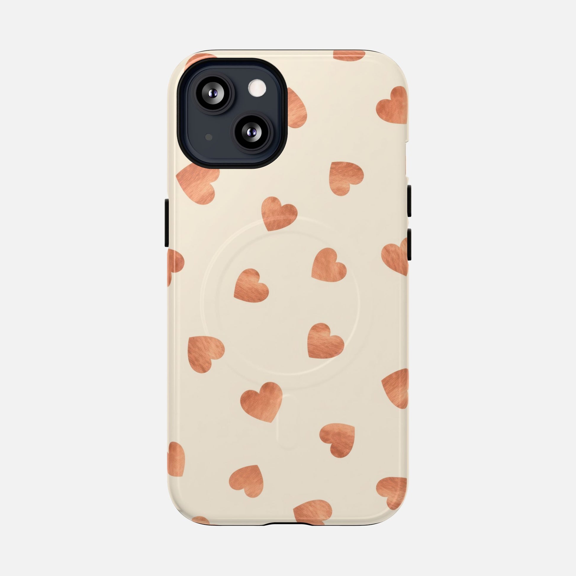 Heart Pattern Tough Magnetic Phone Case — Peach Watercolor Hearts, MagSafe Compatible iPhone 13 Glossy Phone Case