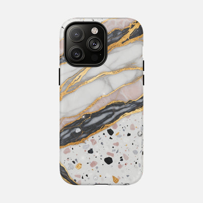 Elegant marble and gold phone case with terrazzo pattern, stylish protection for iPhone