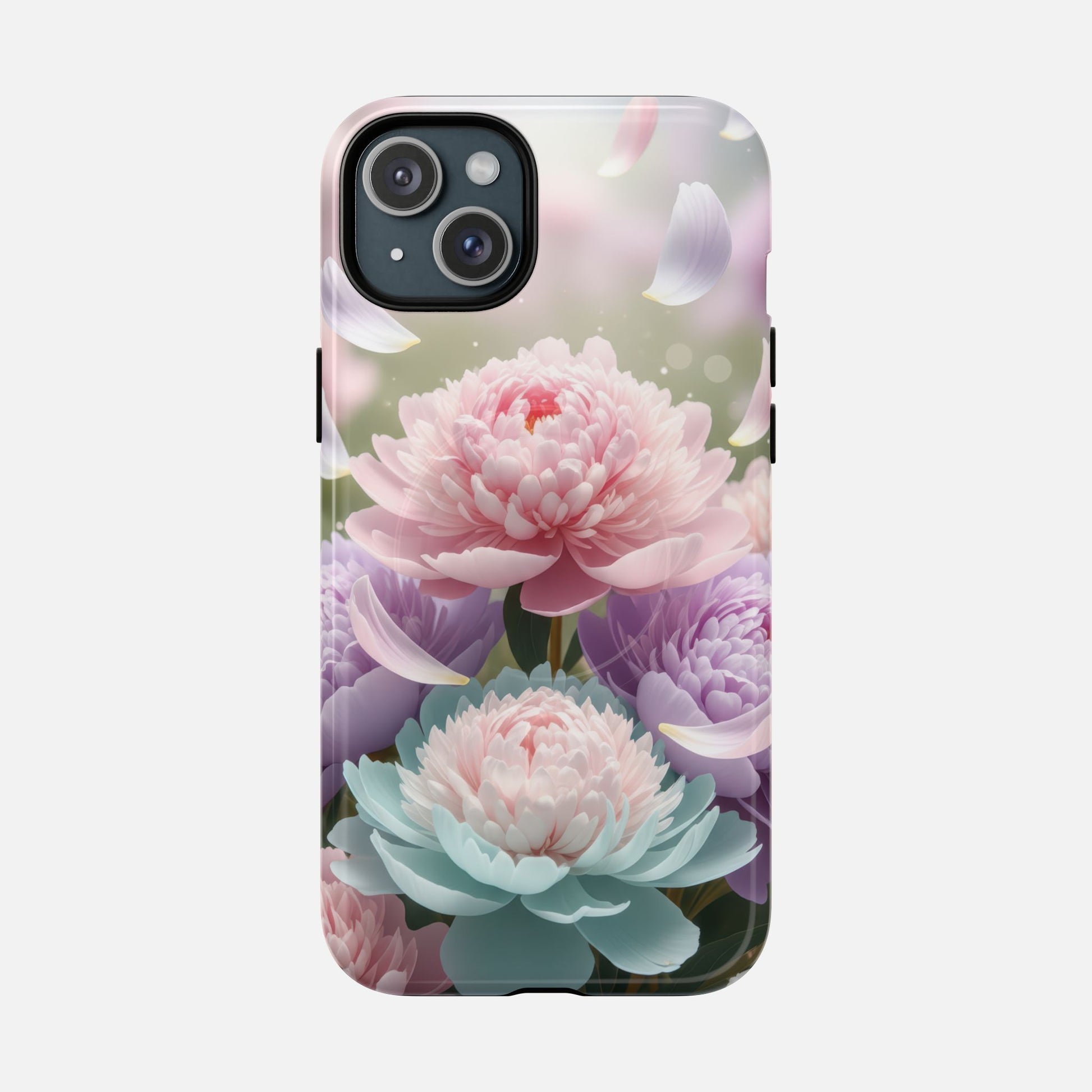 Floral Peony Tough Magnetic Phone Case — Pastel Peony Garden Protective Cover iPhone 15 Plus Glossy Phone Case