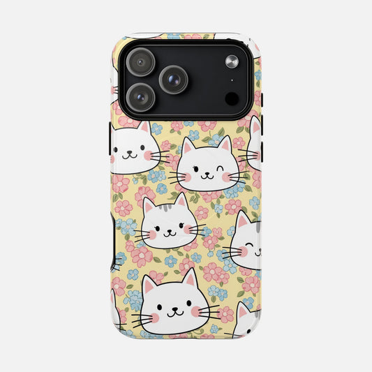 Cute Floral Cat Tough Magnetic Phone Case iPhone 17 Pro Max Glossy Phone Case