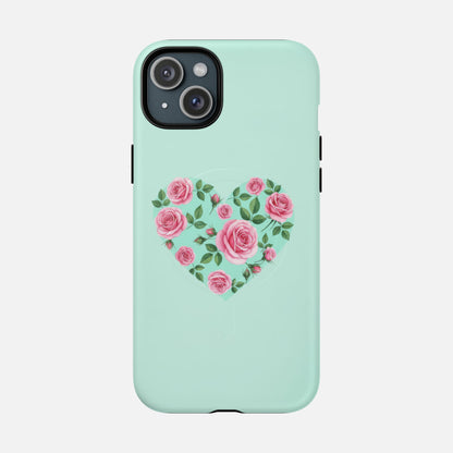 Floral Heart & Mint Rose iPhone Case — Tough Magnetic | MagSafe Compatible