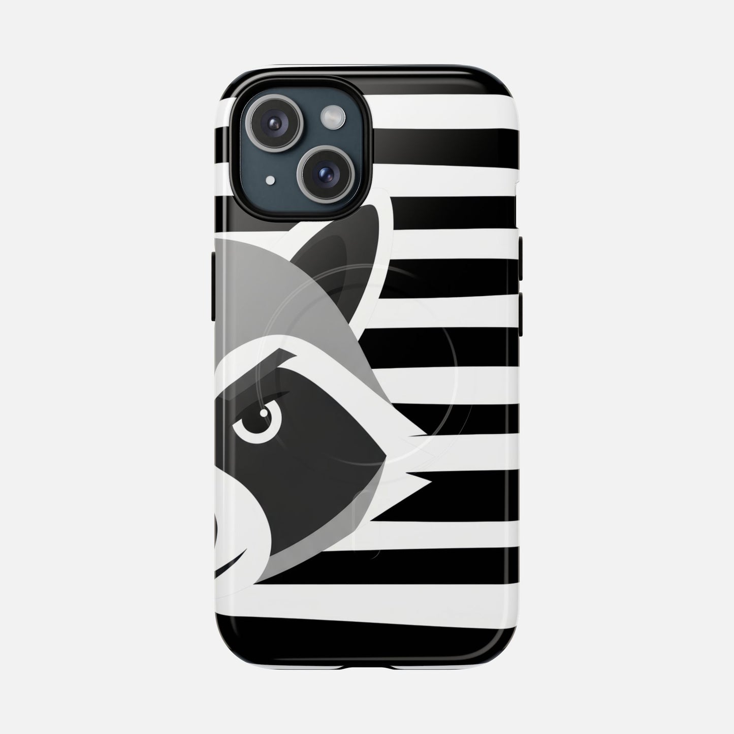 Raccoon Stripe Tough Magnetic Phone Case — Black & White Animal Design iPhone 15 Glossy Phone Case