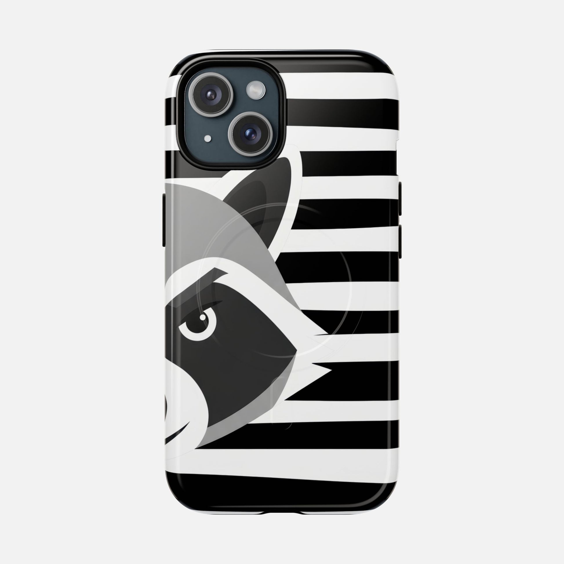 Raccoon Stripe Tough Magnetic Phone Case — Black & White Animal Design iPhone 15 Glossy Phone Case