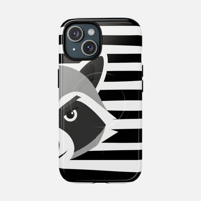Raccoon Stripe Tough Magnetic Phone Case — Black & White Animal Design iPhone 15 Glossy Phone Case