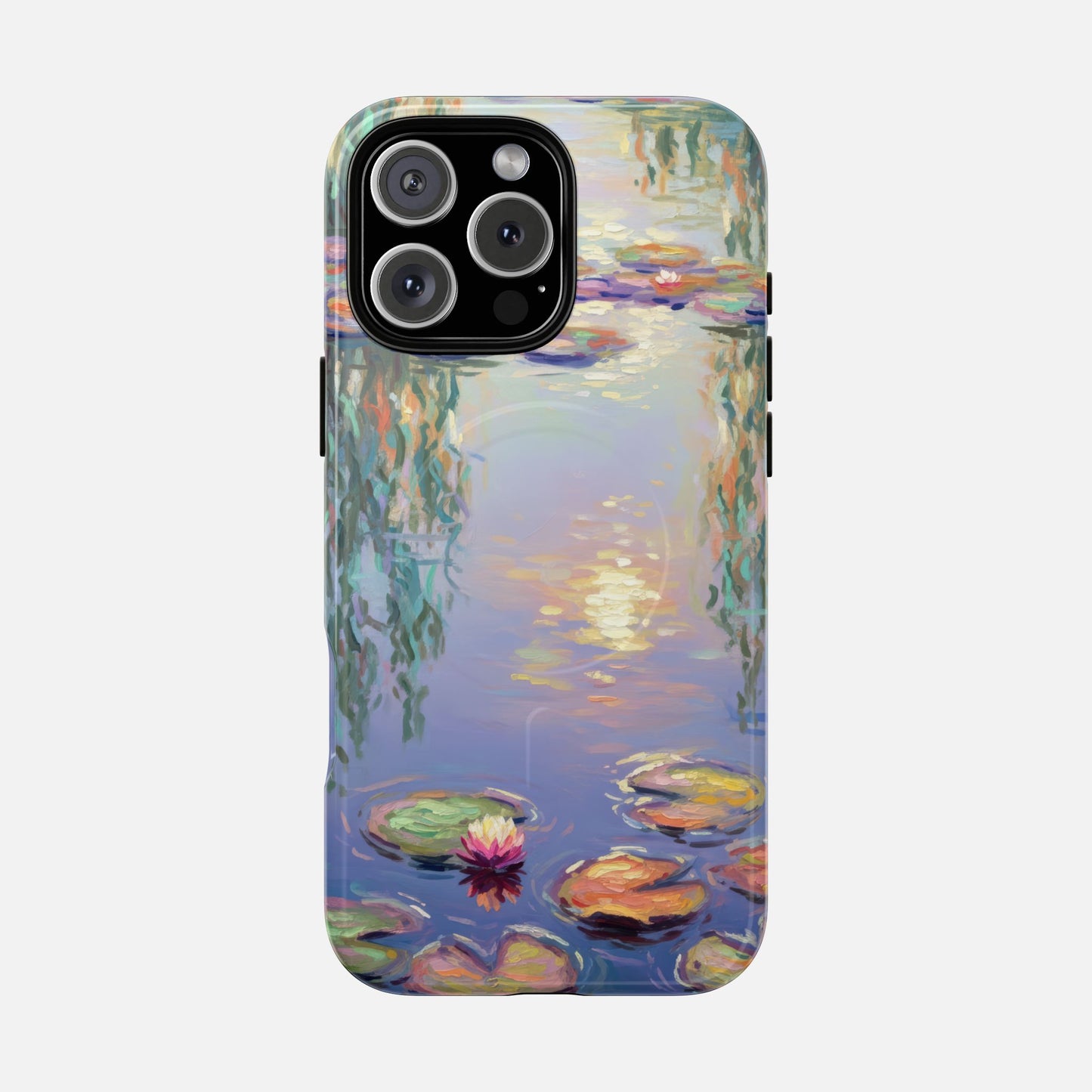 iPhone case with Monet-style water lily pond painting, artistic phone cover design