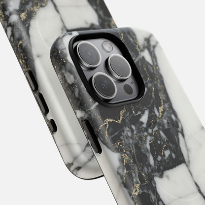 Black and white marble phone case with gold veining details, close-up on camera area