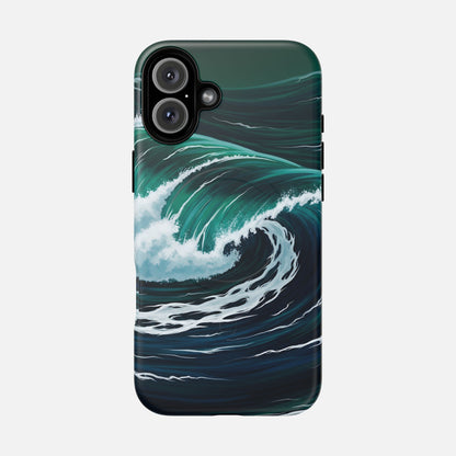 Ocean wave phone case with teal and navy surf design, creative waterproof-style artwork for iPhone