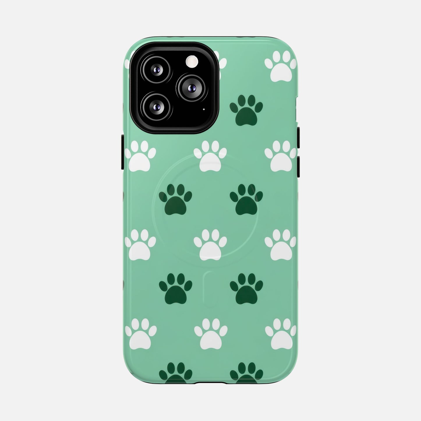 Mint green phone case with white and dark green paw print pattern, fits iPhone with triple camera