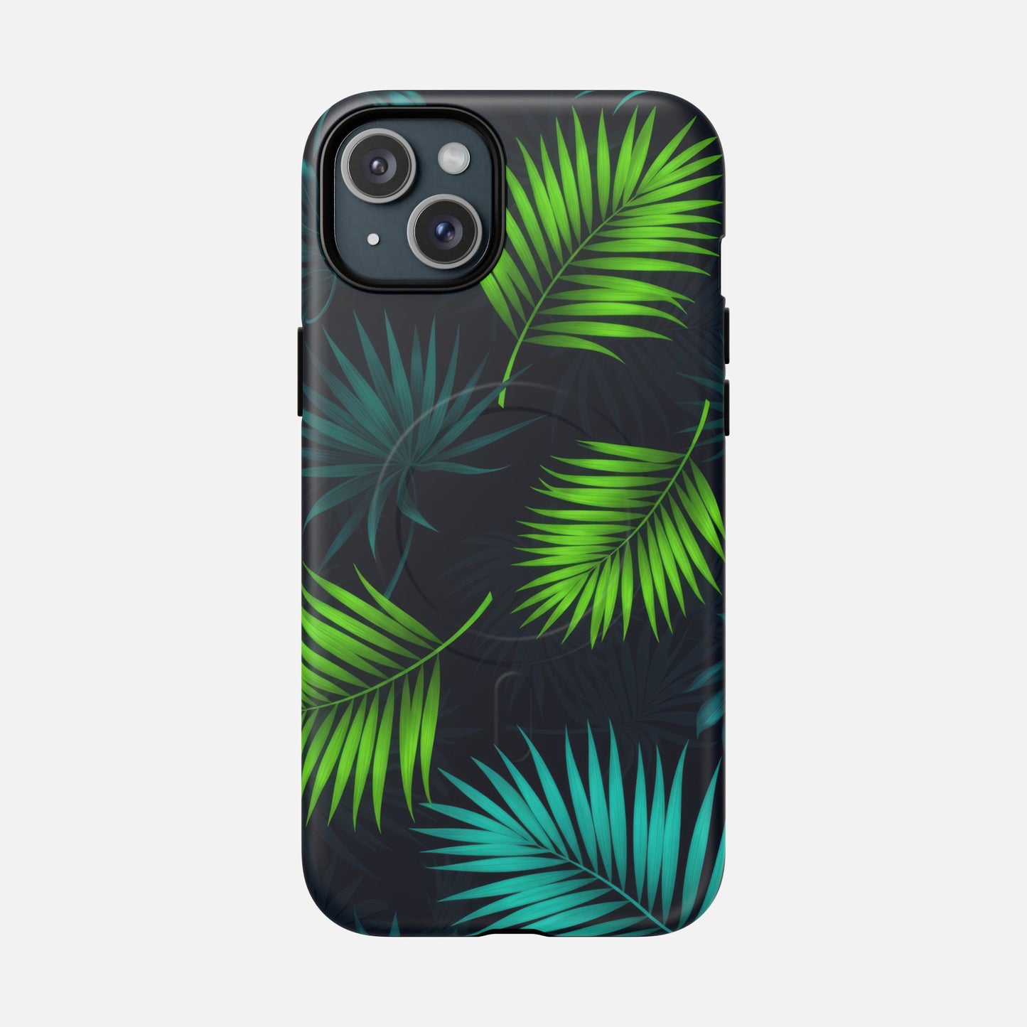 Tropical Palm Tough Magnetic Phone Case — Protective Magnetic iPhone Cover with Green Leaf Design iPhone 15 Plus Matte Phone Case