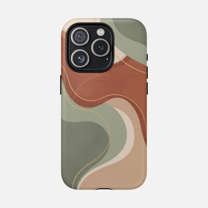 Abstract wave design phone case with earthy tones and gold lines for iPhone Pro