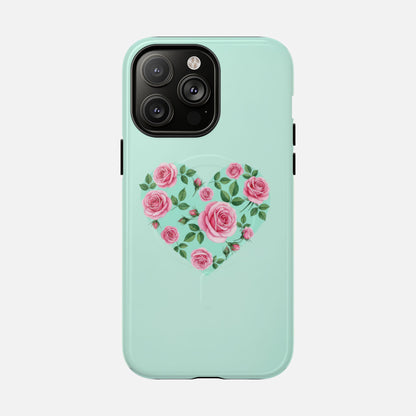 Floral Heart & Mint Rose iPhone Case — Tough Magnetic | MagSafe Compatible