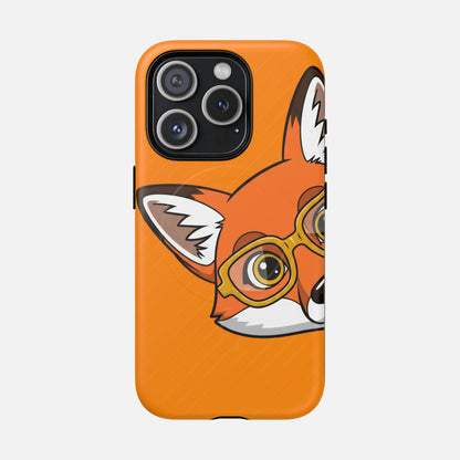 Cute fox wearing glasses phone case with orange background, creative design for iPhone