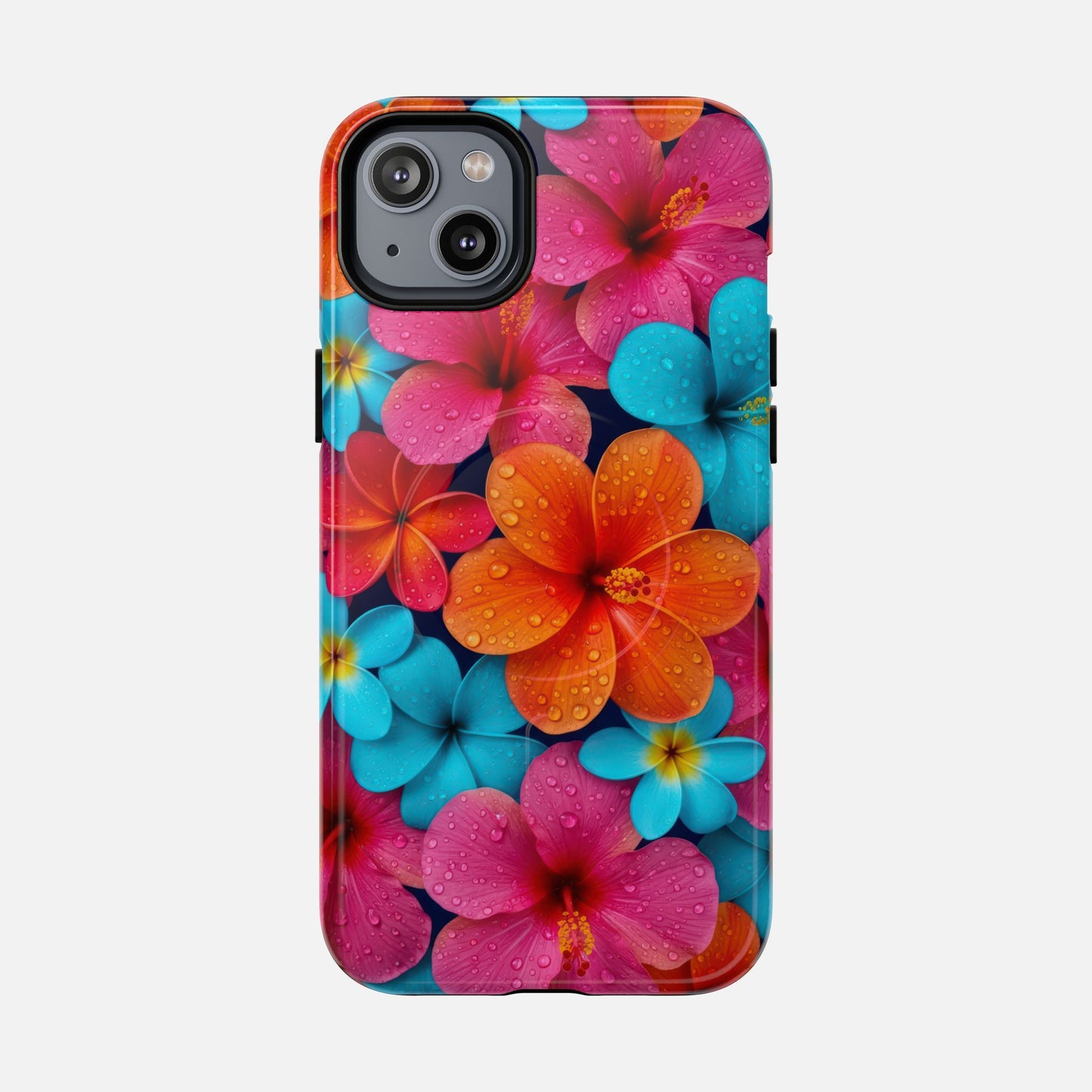 Phone Case — Colorful Tropical Plumeria Floral Magnetic Tough Case iPhone 14 Plus Glossy Phone Case
