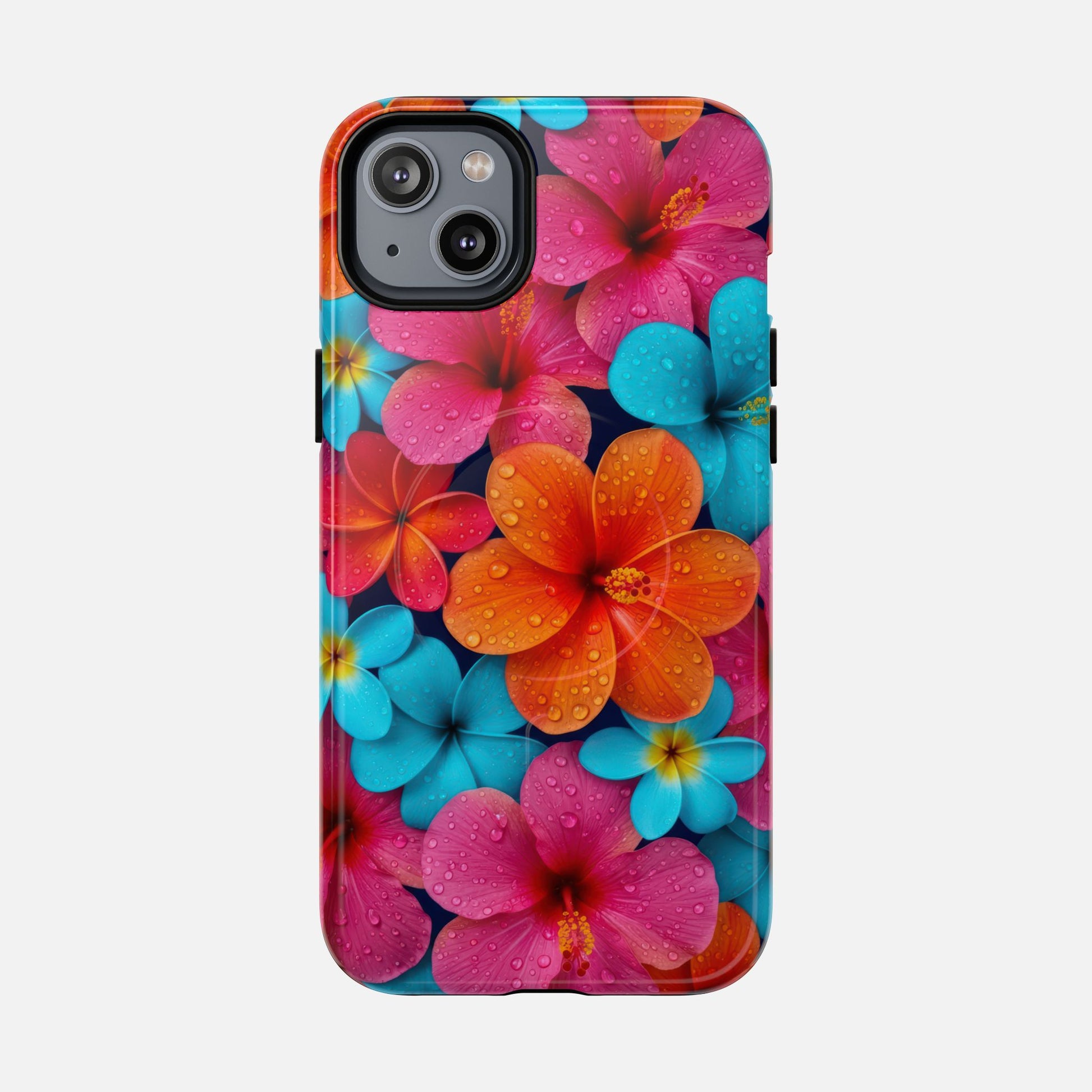 Phone Case — Colorful Tropical Plumeria Floral Magnetic Tough Case iPhone 14 Plus Glossy Phone Case