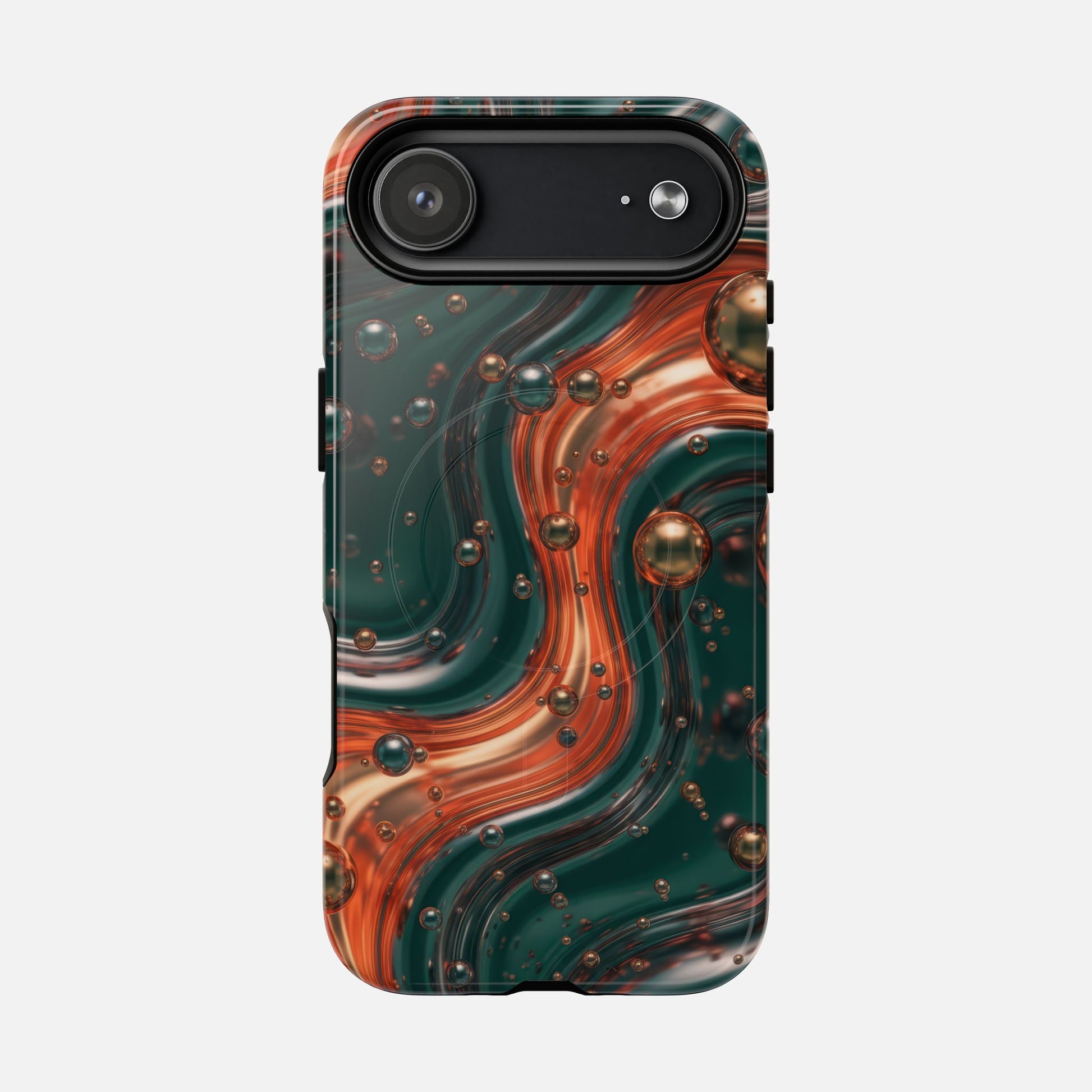 Magnetic Phone Case — Emerald & Copper Liquid Swirl Protective Cover iPhone 17 Air Glossy Phone Case