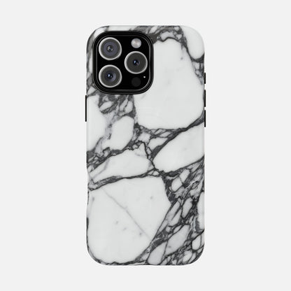 iPhone case with black and white marble design, modern stylish phone accessory