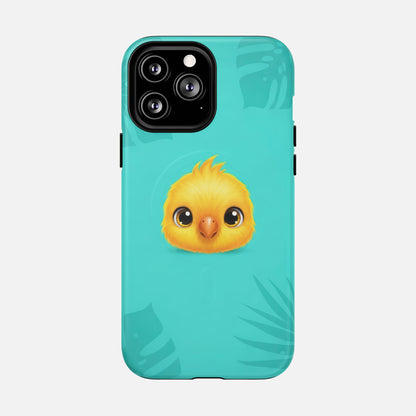 Cute yellow chick phone case with tropical leaf design on teal background, fits iPhone with triple camera