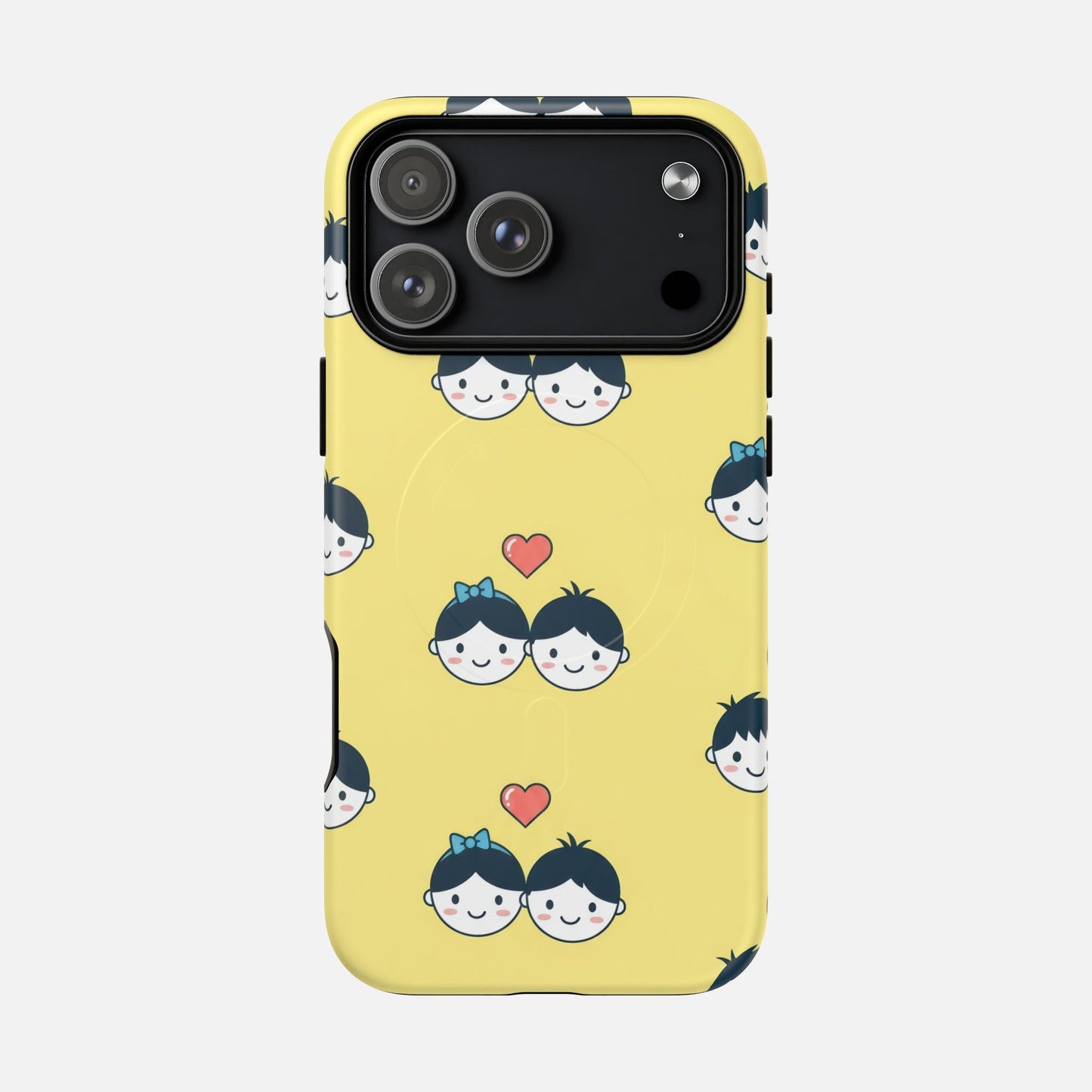 Cute Couple Pattern Yellow Heart-Faced Duo Design iPhone Case — Tough Magnetic | MagSafe Compatible