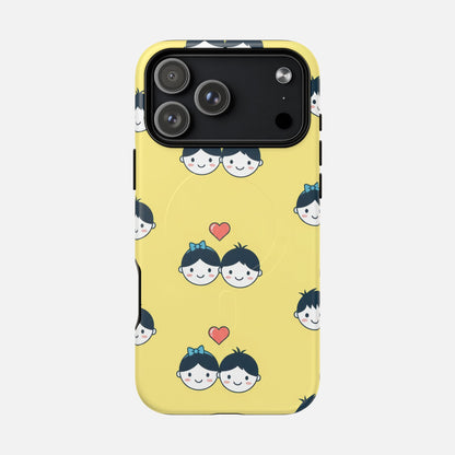 Cute Couple Pattern Yellow Heart-Faced Duo Design iPhone Case — Tough Magnetic | MagSafe Compatible