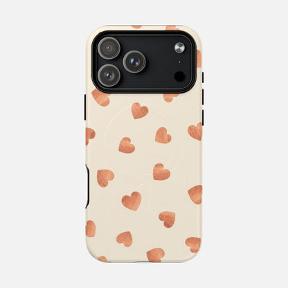 Heart Pattern Tough Magnetic Phone Case — Peach Watercolor Hearts, MagSafe Compatible iPhone 17 Pro Max Matte Phone Case