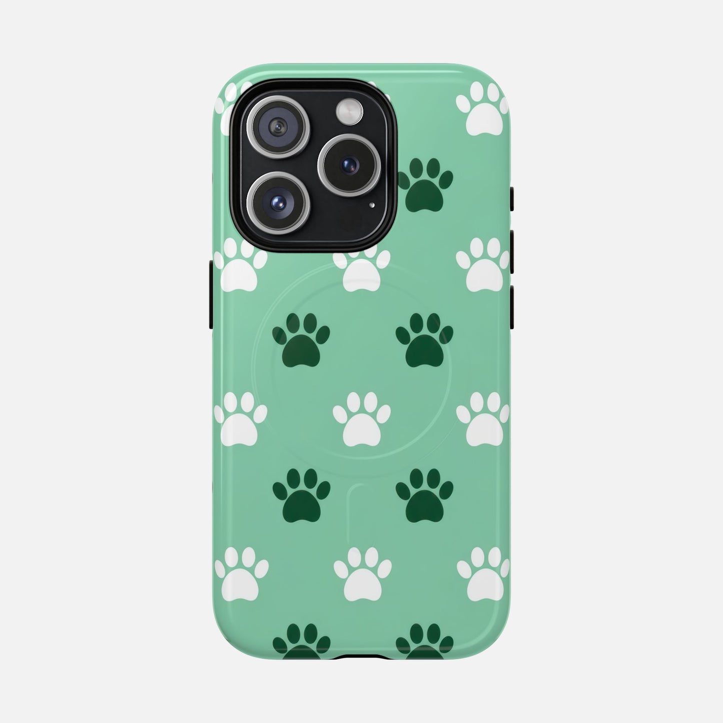 Mint green phone case with white and dark green paw print pattern, fits iPhone with triple camera