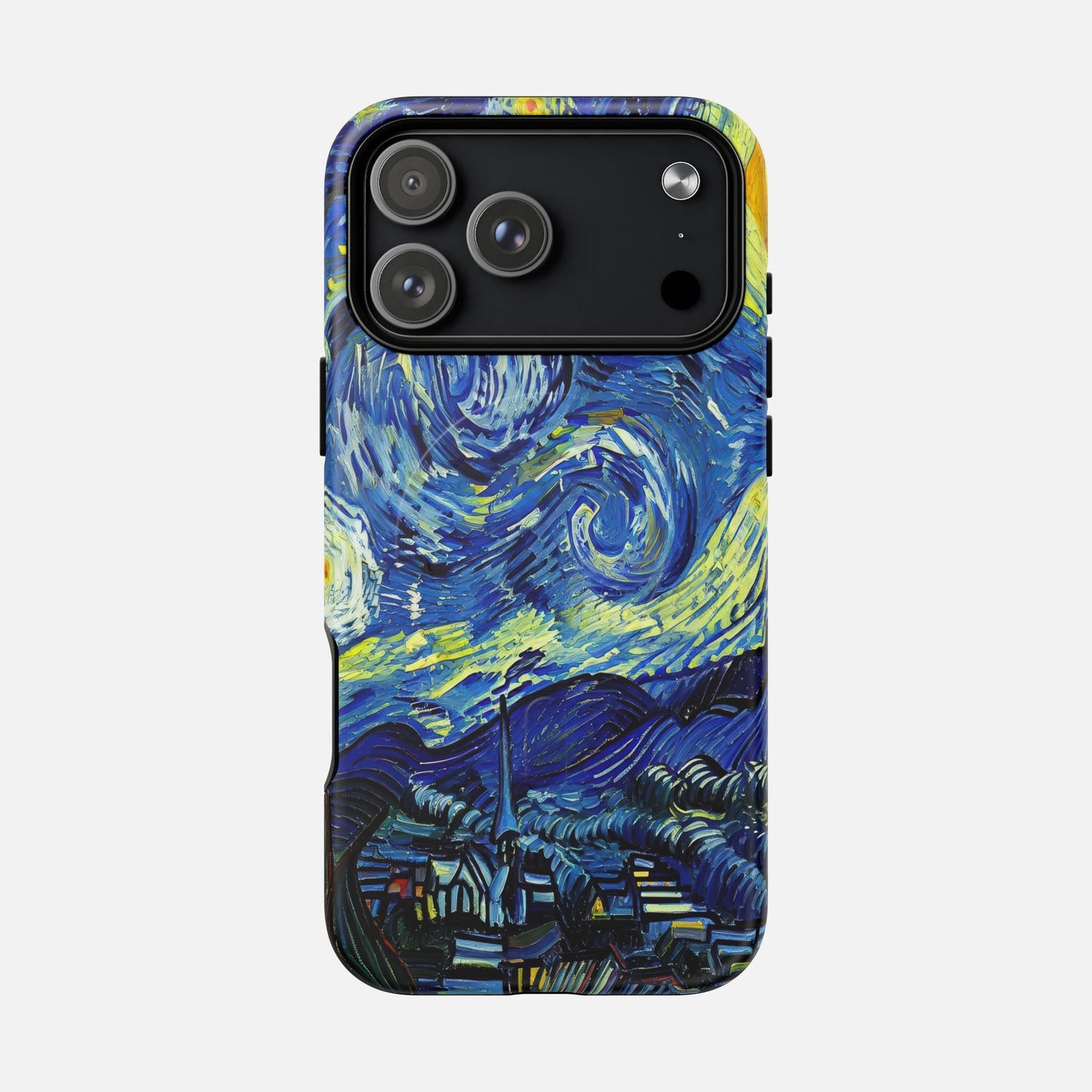 iPhone case with Van Gogh's Starry Night artwork, vibrant blue and yellow swirls, creative phone protection