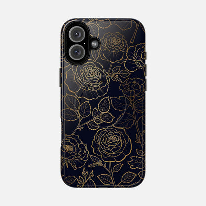 Floral Gold Outline Tough Magnetic Case — Elegant Black Rose Phone Cover iPhone 16 Plus Glossy Phone Case