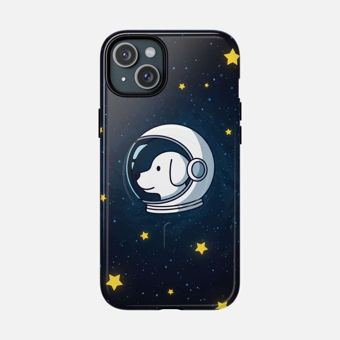 Astronaut Dog Magnetic Phone Case — Cute Space Puppy iPhone Cover with Stars iPhone 15 Plus Glossy Phone Case