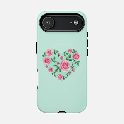 Floral Heart & Mint Rose iPhone Case — Tough Magnetic | MagSafe Compatible