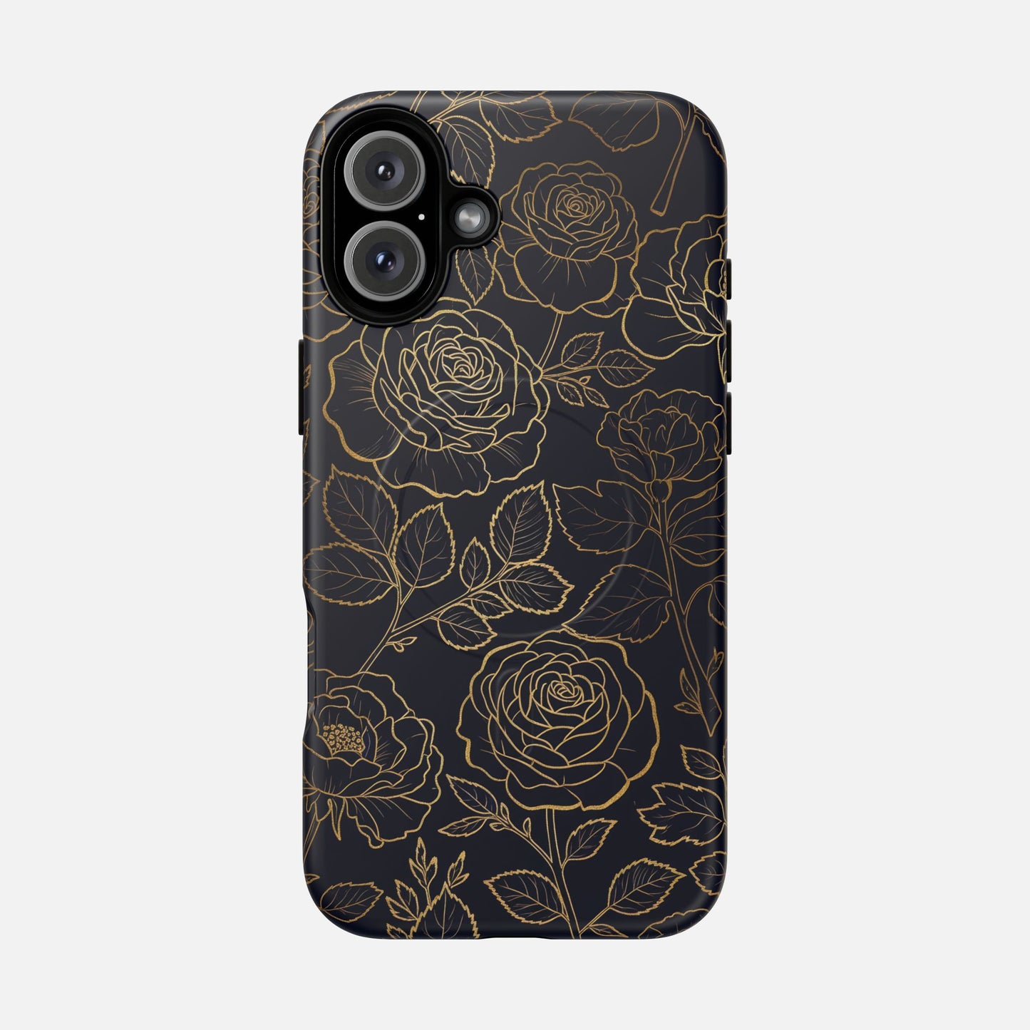 Floral Gold Outline Tough Magnetic Case — Elegant Black Rose Phone Cover iPhone 16 Plus Matte Phone Case