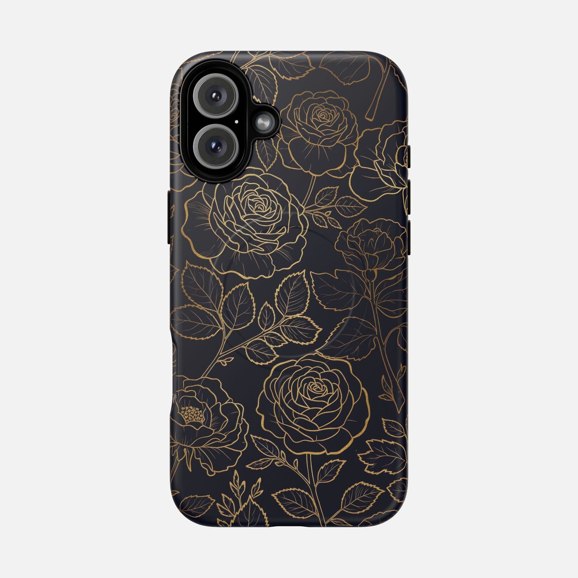 Floral Gold Outline Tough Magnetic Case — Elegant Black Rose Phone Cover iPhone 16 Plus Matte Phone Case