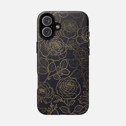 Floral Gold Outline Tough Magnetic Case — Elegant Black Rose Phone Cover iPhone 16 Plus Matte Phone Case
