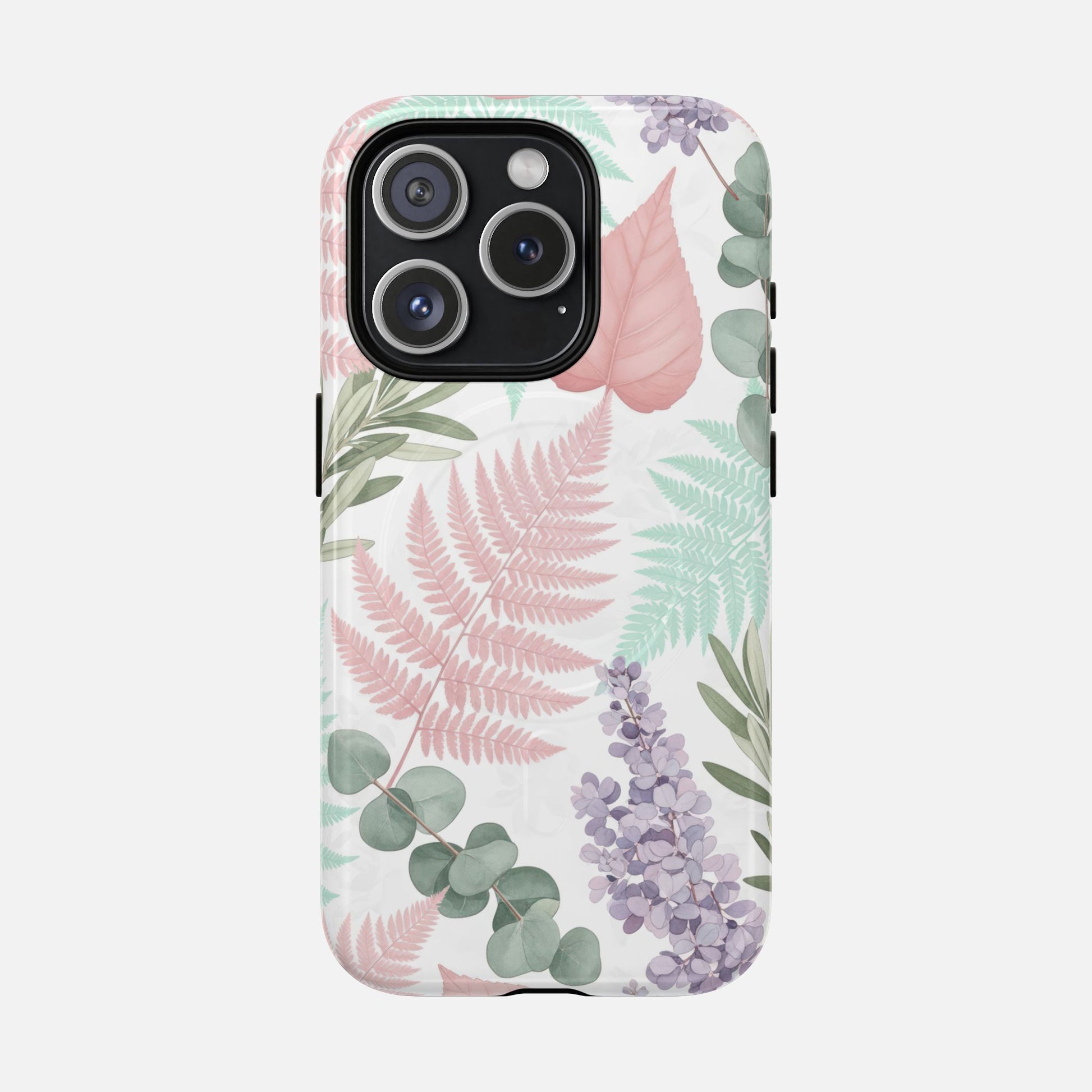 Floral Fern Tough Magnetic Phone Case — Pastel Leaves Protective Cover iPhone 15 Pro Glossy Phone Case