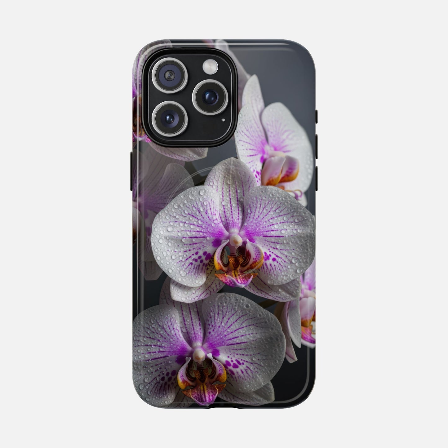 Orchid Bloom Tough Magnetic Phone Case — Waterdrop Floral Protection iPhone 15 Pro Max Glossy Phone Case