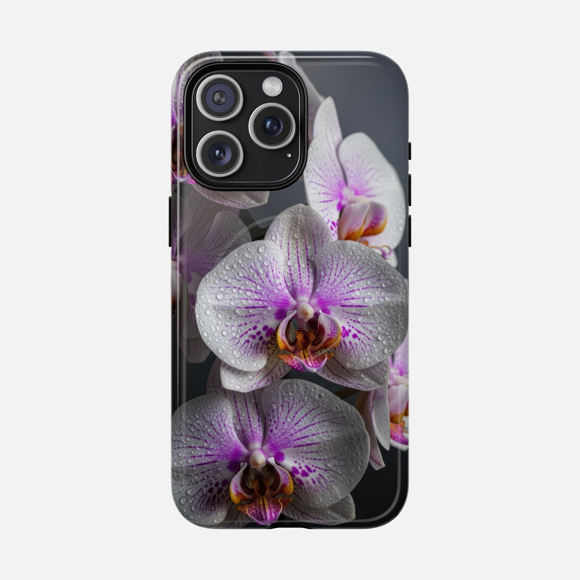 Orchid Bloom Tough Magnetic Phone Case — Waterdrop Floral Protection iPhone 15 Pro Max Glossy Phone Case