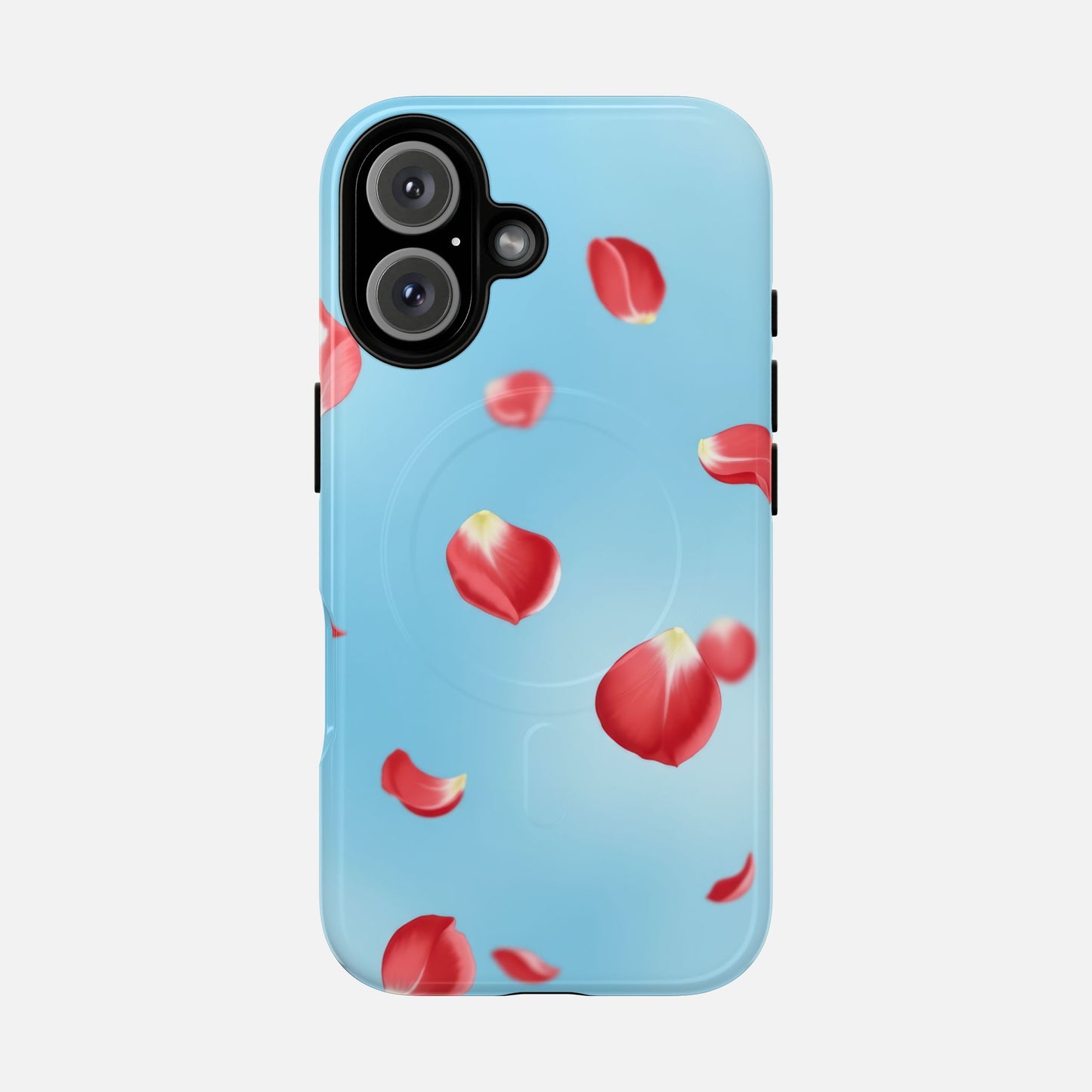 Light blue phone case with red rose petals design, modern floral pattern for iPhone