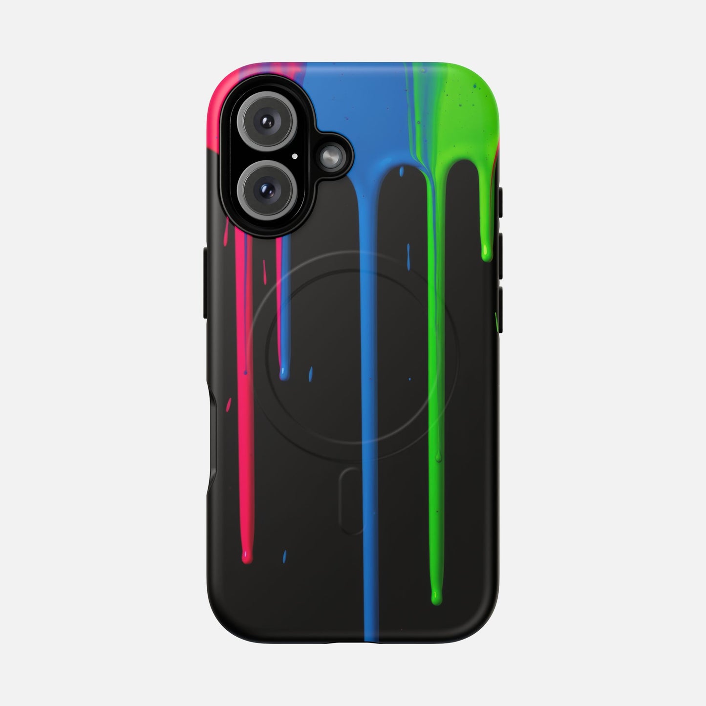 Neon Drip Tough Magnetic Case – Black Phone Cover with Bright Pink, Blue & Green Paint Drips iPhone 16 Matte Phone Case