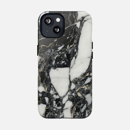 Black and white marble pattern phone case with gold veining, modern design, protective cover