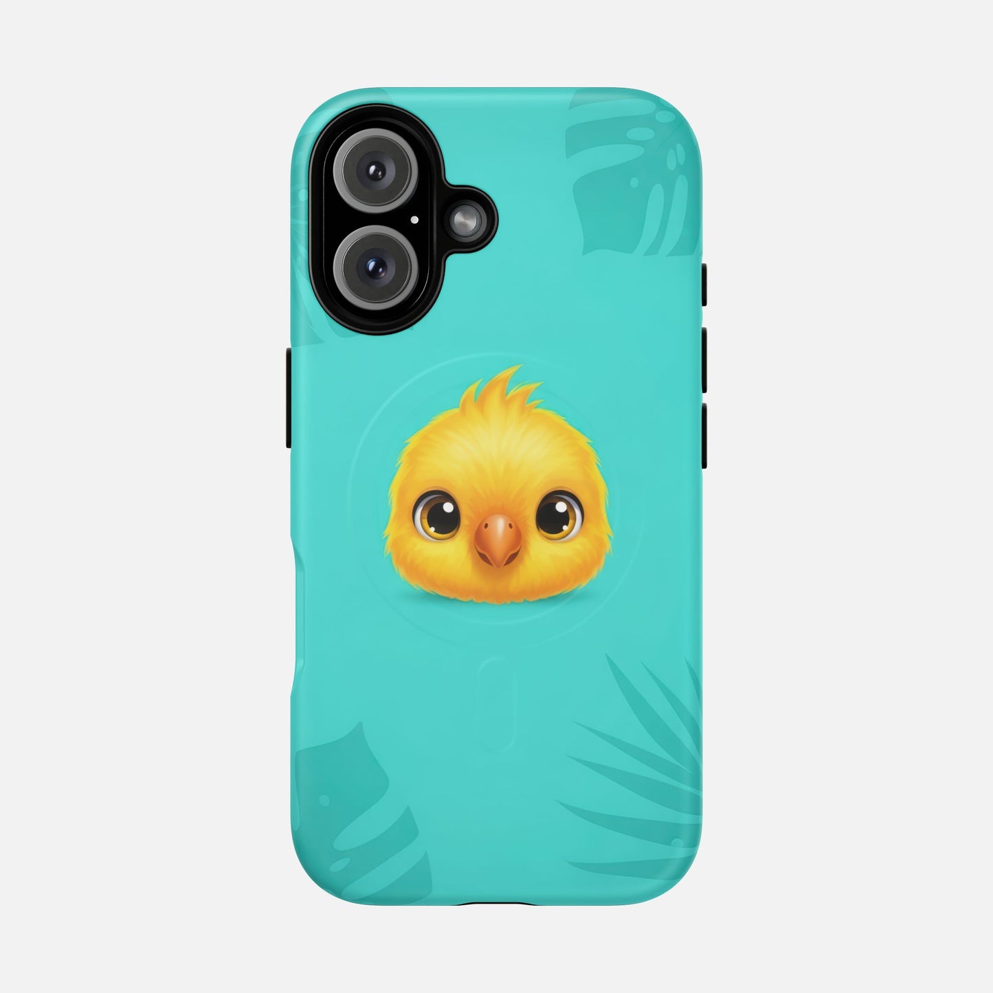 Cute yellow chick phone case with tropical leaf design on teal background, creative animal print for iPhone