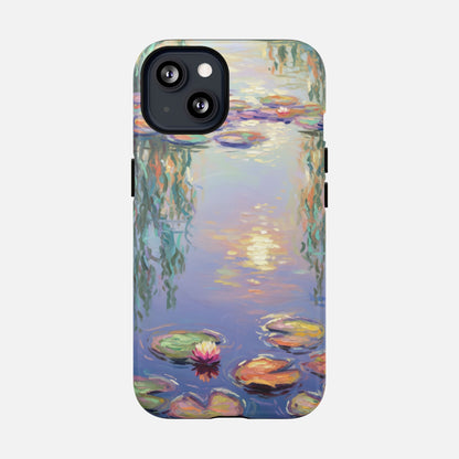 iPhone case with Monet-style water lilies painting, artistic phone cover for creative design lovers