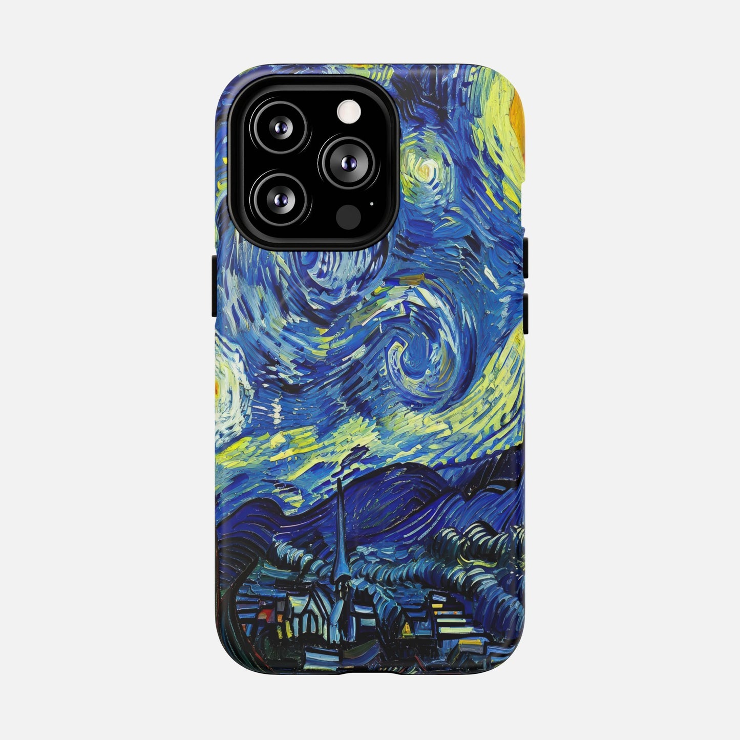 iPhone case with Van Gogh's Starry Night artwork, vibrant blue and yellow swirls, creative phone protection