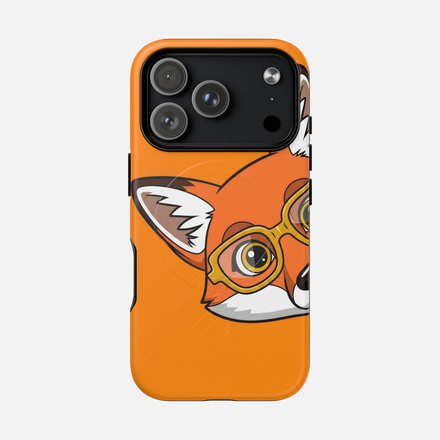 Cute fox with glasses phone case, orange design, creative animal art for iPhone