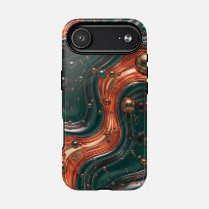 Emerald & Copper Liquid Swirl iPhone Case — Tough Magnetic | MagSafe Compatible