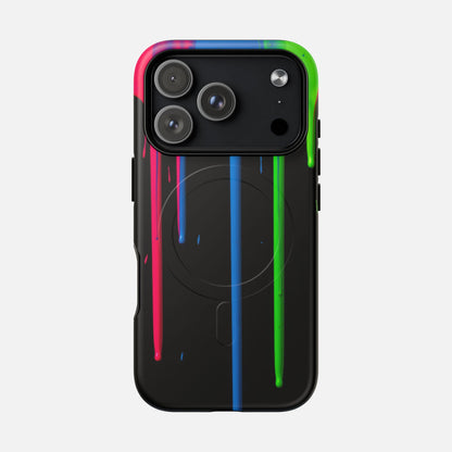 Neon Drip Tough Magnetic Case – Black Phone Cover with Bright Pink, Blue & Green Paint Drips iPhone 17 Pro Matte Phone Case
