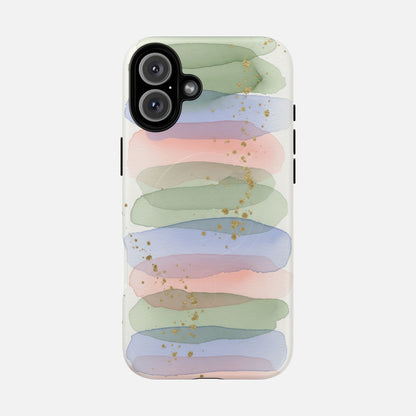 Pastel watercolor phone case with gold glitter accents, modern abstract design for iPhone