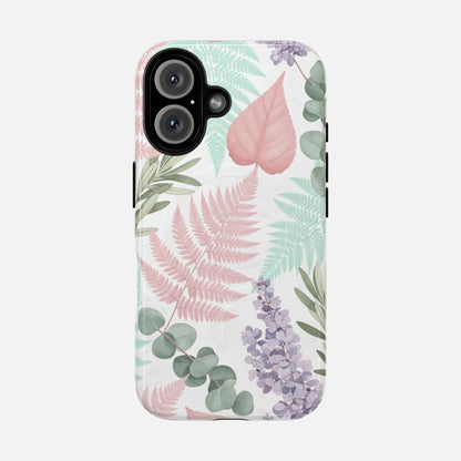 Floral Fern Tough Magnetic Phone Case — Pastel Leaves Protective Cover iPhone 16 Glossy Phone Case