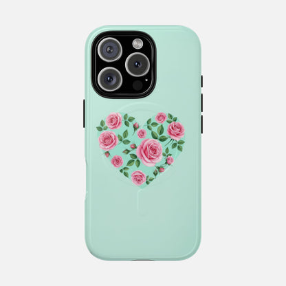 Floral Heart & Mint Rose iPhone Case — Tough Magnetic | MagSafe Compatible