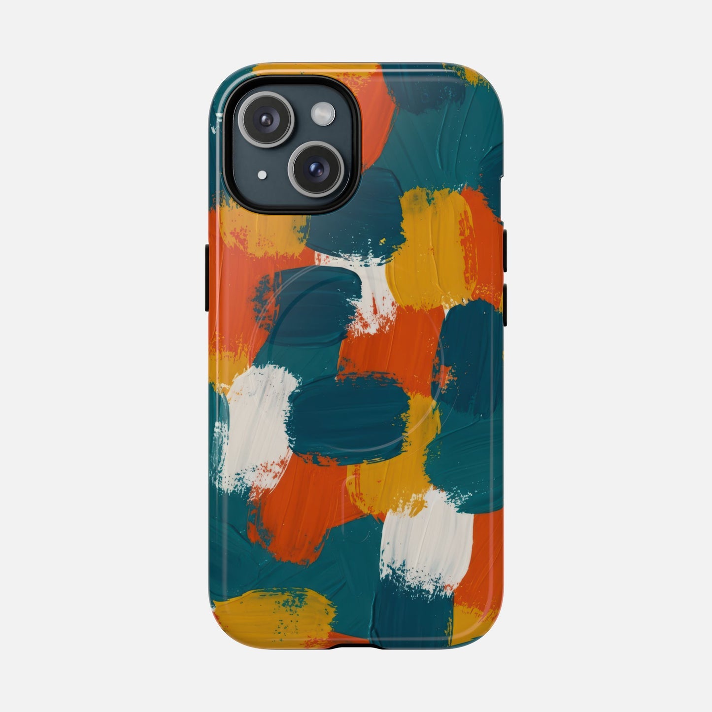 Abstract Brushstroke Tough Magnetic Phone Case — Colorful Teal, Orange & Mustard Protection iPhone 15 Glossy Phone Case